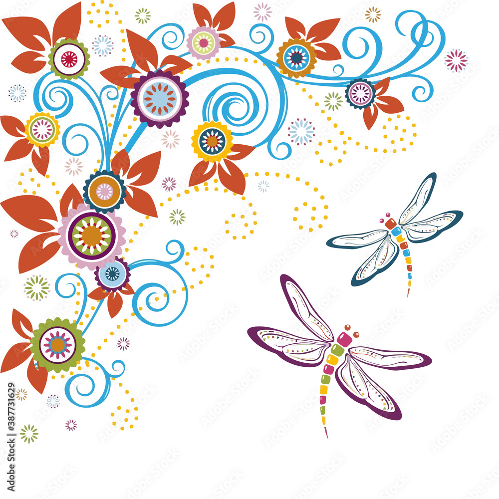 Dragonfly and Floral Corner Graphic Element stock illustration