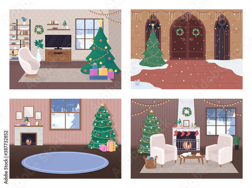 Christmas house inside flat color vector illustration set. Calm hygge life. Celebration time. Xmas tree. Traditionaly decorated cartoon interior with snowy forest hills on background collection