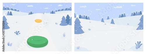 Winter activities flat color vector illustration set. Sledging hill. Mountain skiing and snowboarding area. Snow sports 2D cartoon characters with Snowy hills forest on background collection