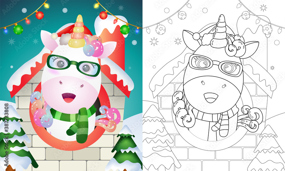 coloring book with a cute unicorn christmas characters using hat and scarf inside the house