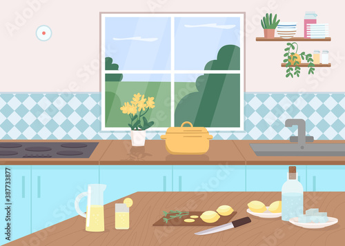 Kitchen counter flat color vector illustration. Cut lemons on tables. Make lemonade as pastime. Cook class. Household furniture. Dining room 2D cartoon interior with window on background