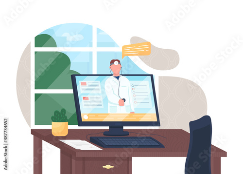 Online doctor flat concept vector illustration. Clinic support. Hospital appointment through internet. Electronic healthcare 2D cartoon character for web design. Telemedicine creative idea