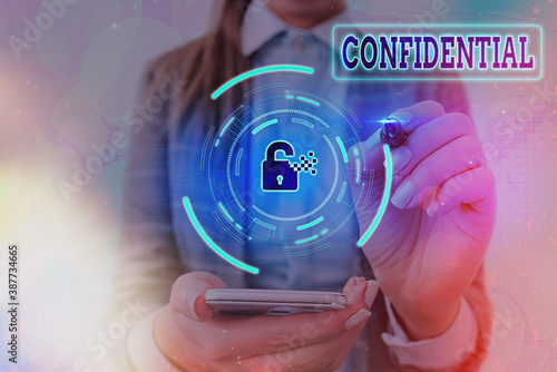 Conceptual hand writing showing Confidential. Concept meaning containing an individualal information whose unauthorized disclosure Graphics padlock for web data security application system photo