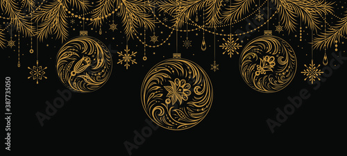 New year illustration. Branch of christmas tree, decorative ball, snowflakes, stars. Russian folk style. Golden vector traditional floral ornament on black background