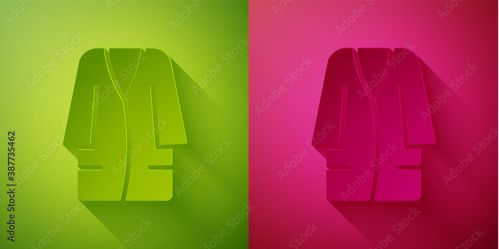 Paper cut Bathrobe icon isolated on green and pink background. Paper art style. Vector. Paper cut Bathrobe icon isolated on green and pink background. Paper art style. Vector.