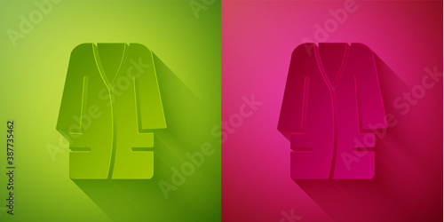 Paper cut Bathrobe icon isolated on green and pink background. Paper art style. Vector.