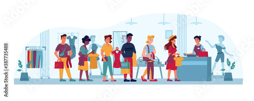 Queue in clothing store, people in line to cashier, vector flat cartoon. People in queue, shopping buying and paying clothes in trade center at checkout counter, men and women waiting with paper bags