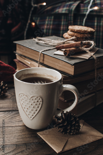Scandinavian hygge styled Christmas composition. Cozy winter homely scene with books, cup of tea or coffee, cookies, cinnamon sticks and knitted things. Santa Claus working place. Flatlay. Home decor.