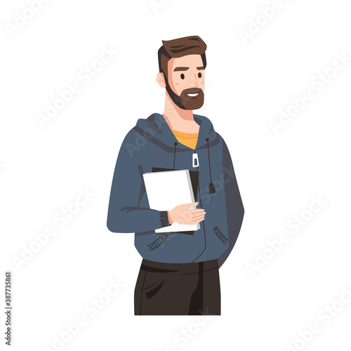 Smiling man with beard in sweatshirt, book in hands isolated adult person flat cartoon. Vector business couch, teacher with notebook or textbook, businessman financial analytic in hoodie and trousers