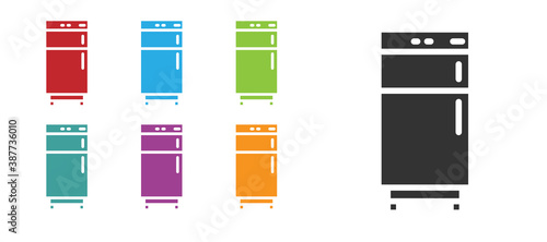 Black Refrigerator icon isolated on white background. Fridge freezer refrigerator. Household tech and appliances. Set icons colorful. Vector.