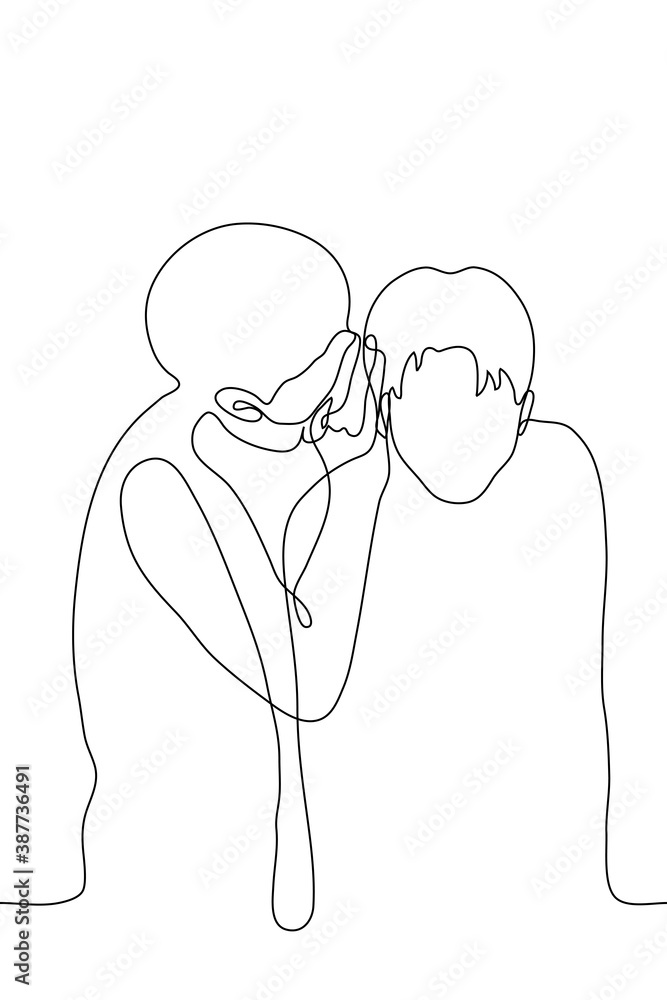 two men are whispering. one line drawing of a man standing close to a friend and whispering in his ear, his friend lowered his head to listen carefully