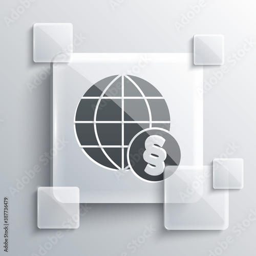 Grey International law icon isolated on grey background. Global law logo. Legal justice verdict world. Square glass panels. Vector.