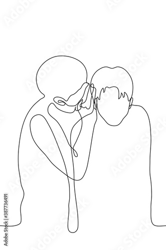 two men are whispering. one line drawing of a man standing close to a friend and whispering in his ear, his friend lowered his head to listen carefully