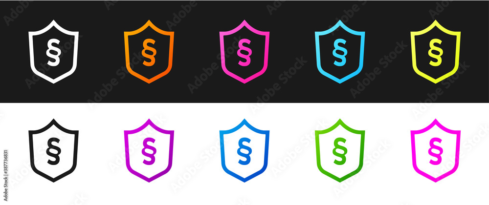 Set Justice law in shield icon isolated on black and white background. Vector. Set Justice law in shield icon isolated on black and white background. Vector.