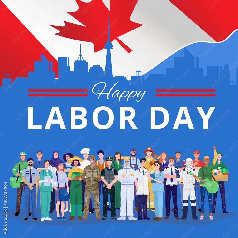 Happy Labor Day. Various occupations people standing with Canada flag