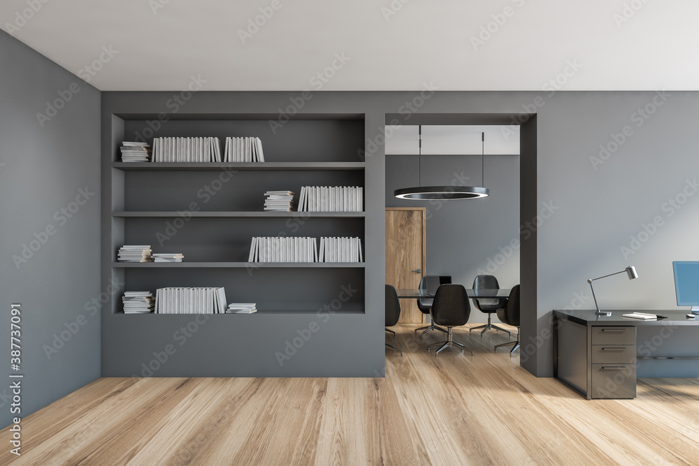 Office minimalist room, grey bookshelf and open space with wooden floor - obrazy, fototapety, plakaty 