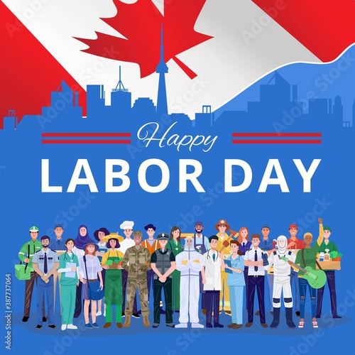 Happy Labor Day. Various occupations people standing with Canada flag. Vector