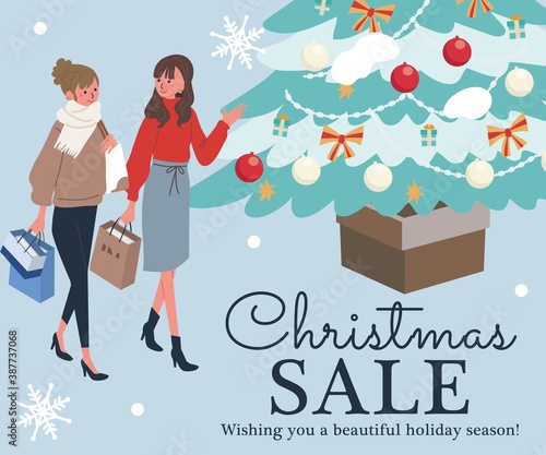 クリスマスセールのバナー　アイソメトリック　クリスマスの人々　イラスト
