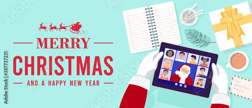 Top view of Santa Claus having video conference on tablet with children at home. Vector