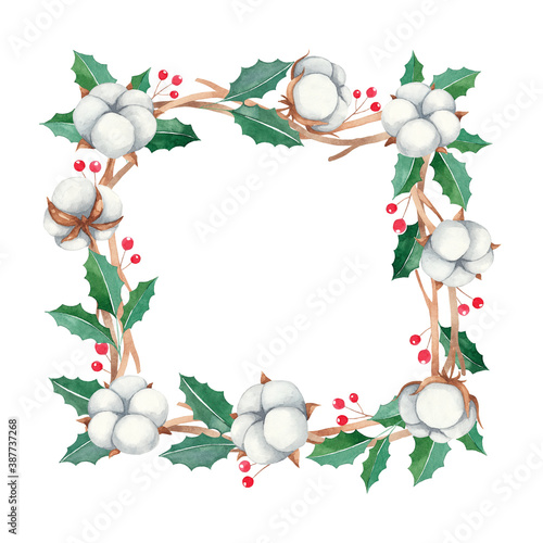 Christmas frame with red berries and cotton flowers, watercolor paint frame New Year