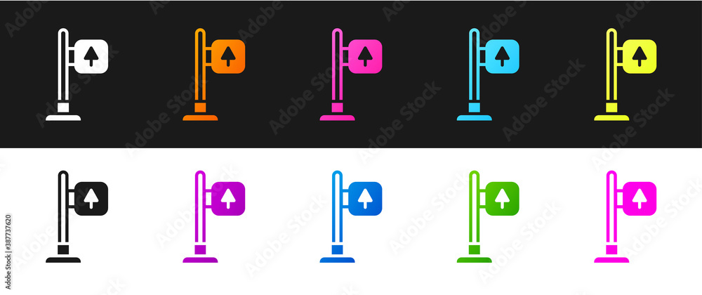 Set Road traffic sign. Signpost icon isolated on black and white background. Pointer symbol. Street information sign. Direction sign. Vector. Set Road traffic sign. Signpost icon isolated on black and white background. Pointer symbol. Street information sign. Direction sign. Vector.