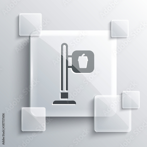 Grey Cafe and restaurant location icon isolated on grey background. Fork and spoon eatery sign inside pinpoint. Square glass panels. Vector..