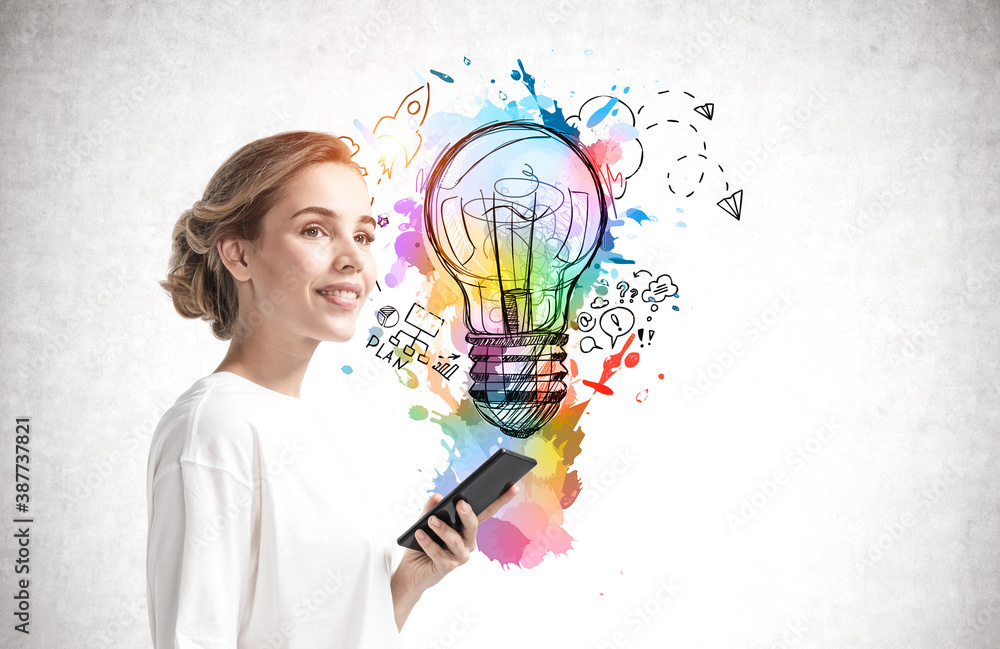 Smiling woman with phone and her bright idea Smiling woman with phone and her bright idea