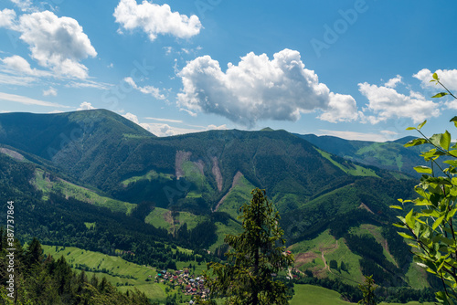 Stafnova village with hills above from Boboty hill in Mala Fatra mountains in Slovakia © honza28683