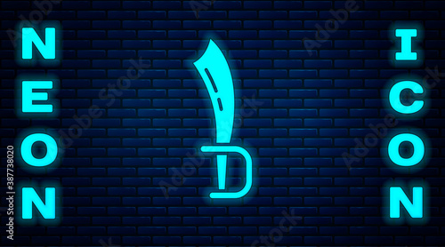 Glowing neon Pirate sword icon isolated on brick wall background. Sabre sign. Vector.