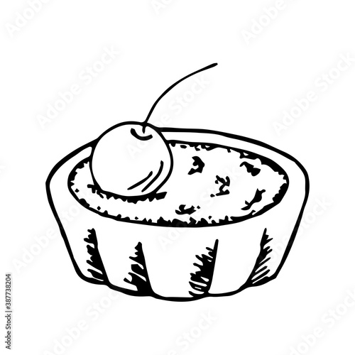 Simple hand-drawn vector drawing in black outline. Tartlet with filling, cream, cherry isolated on a white background. Dessert, cake. For label design, baked goods, products.