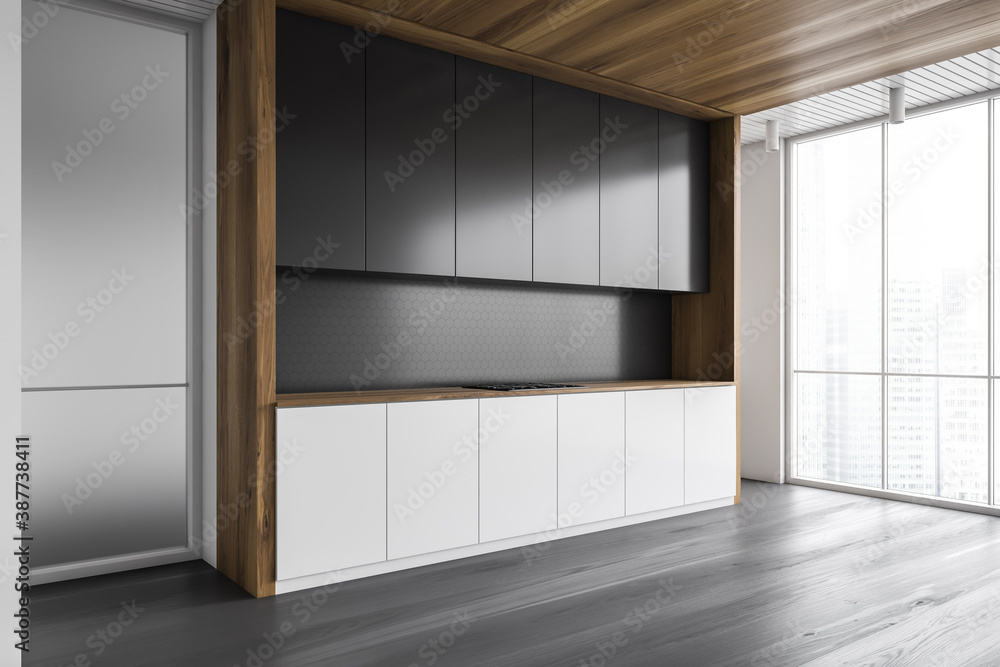 Fototapeta premium Panoramic gray kitchen corner with cupboards