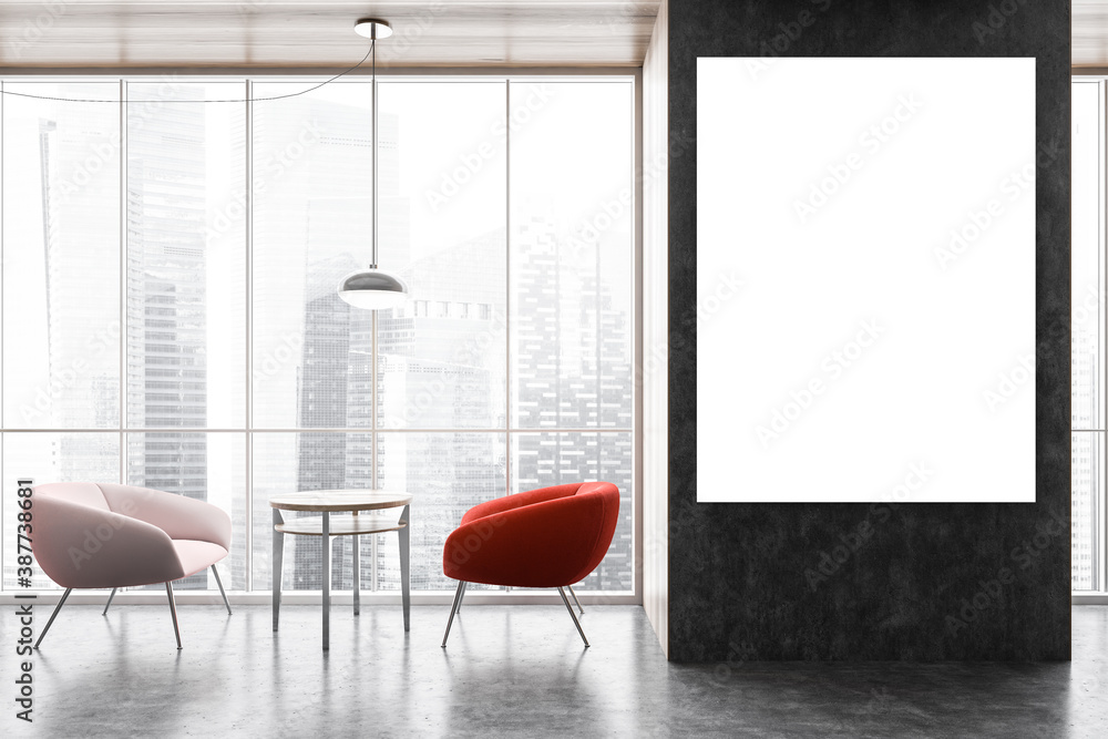 Mockup on black wall in office interior, two chairs with coffee table with view on the city - obrazy, fototapety, plakaty 