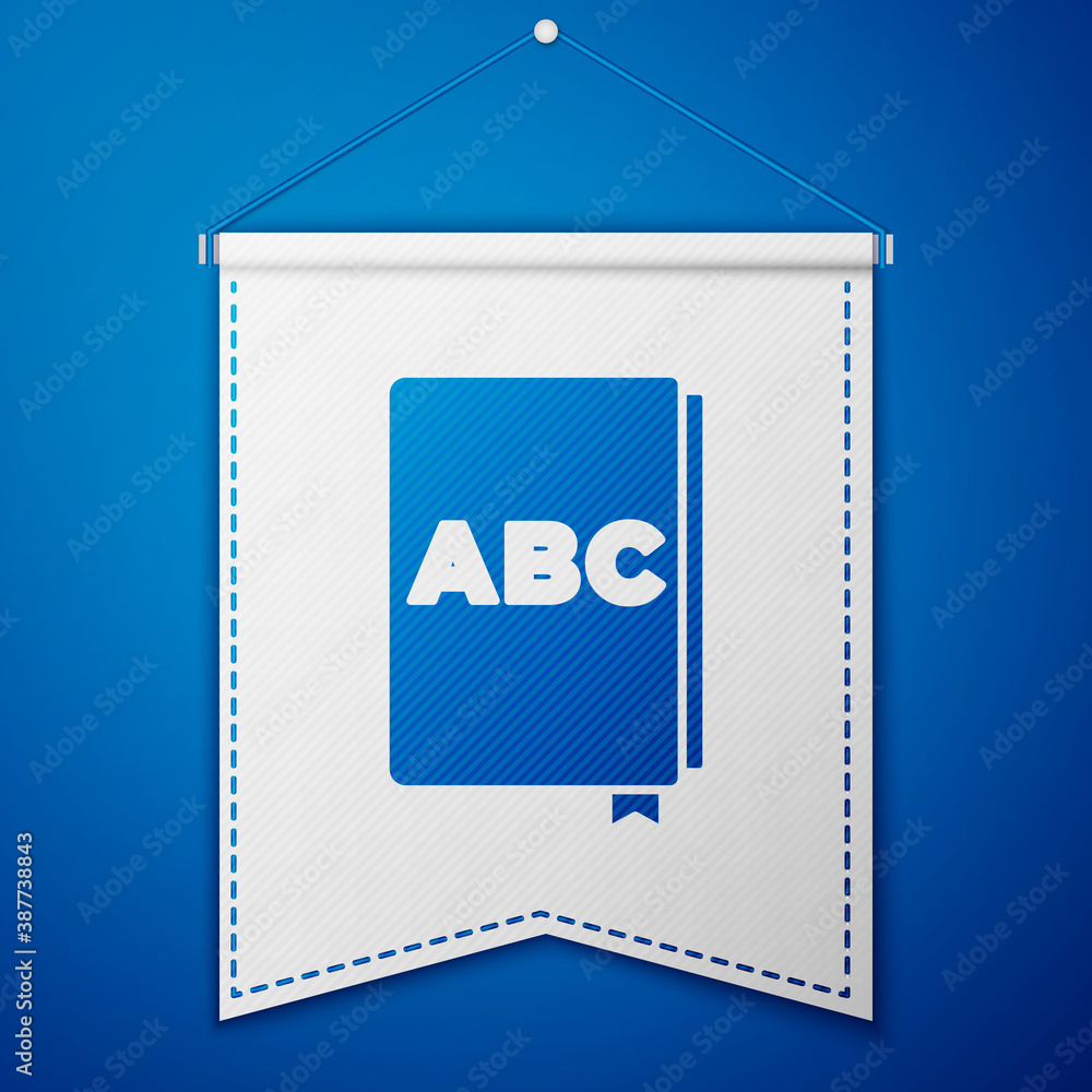 Blue ABC book icon isolated on blue background. Dictionary book sign. Alphabet book icon. White pennant template. Vector. Blue ABC book icon isolated on blue background. Dictionary book sign. Alphabet book icon. White pennant template. Vector.