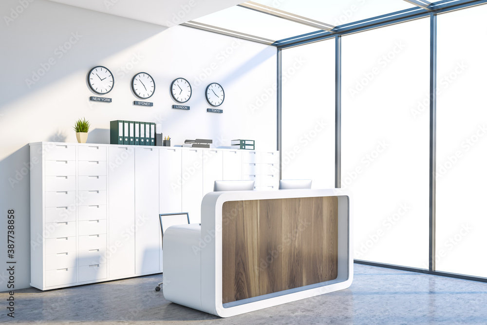 White office waiting room corner with reception and clocks - obrazy, fototapety, plakaty 