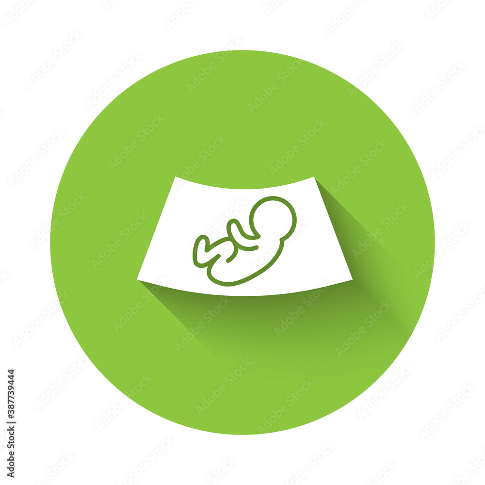 White Ultrasound of baby icon isolated with long shadow. Fetus. Green circle button. Vector. White Ultrasound of baby icon isolated with long shadow. Fetus. Green circle button. Vector.
