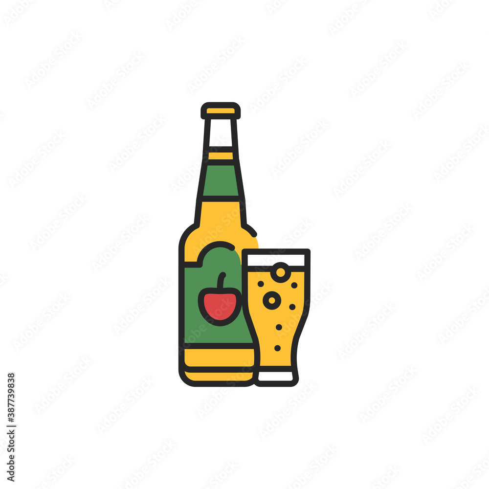 Cider bottle and glass color line icon. Alcoholic beverages. Cider bottle and glass color line icon. Alcoholic beverages.