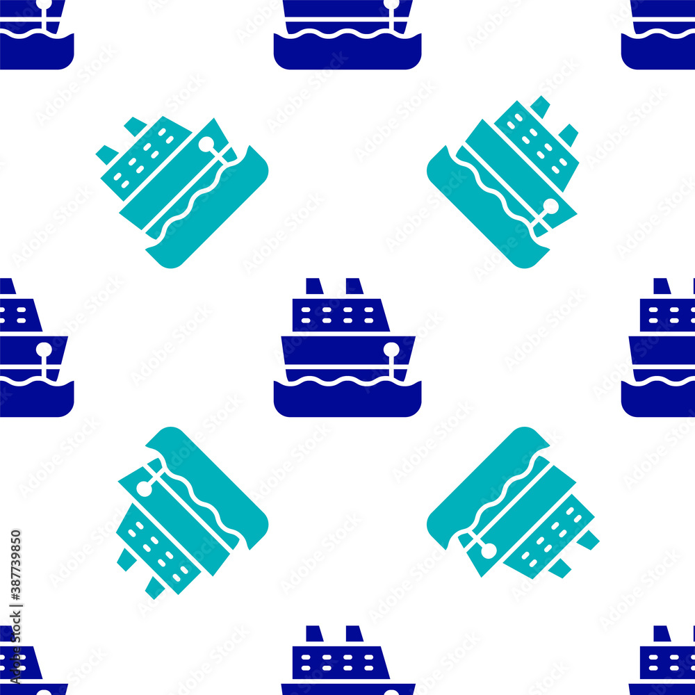 Blue Cruise ship icon isolated seamless pattern on white background. Travel tourism nautical transport. Voyage passenger ship, cruise liner. Worldwide cruise. Vector. Blue Cruise ship icon isolated seamless pattern on white background. Travel tourism nautical transport. Voyage passenger ship, cruise liner. Worldwide cruise. Vector.