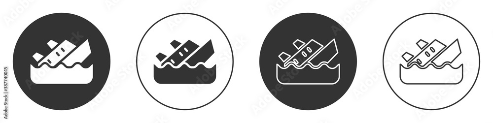 Black Sinking cruise ship icon isolated on white background. Travel tourism nautical transport. Voyage passenger ship, cruise liner. Circle button. Vector. Black Sinking cruise ship icon isolated on white background. Travel tourism nautical transport. Voyage passenger ship, cruise liner. Circle button. Vector.