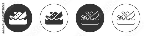 Black Sinking cruise ship icon isolated on white background. Travel tourism nautical transport. Voyage passenger ship, cruise liner. Circle button. Vector.