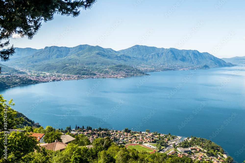 Aerial view of the Lake maggiore with Luino and Maccagno