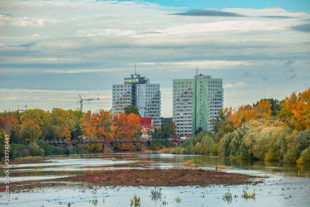 Fototapeta premium Panoramic view over multistore living houses, construction cranes, Elbe river creek and city park nature at colorful golden Autumn, Germany.