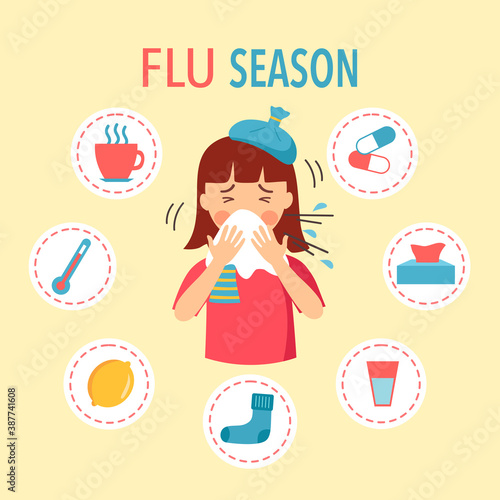 Young girl caught cold flu or virus. She sneezing in handkerchief and has fever. Ways to treat illness in a circle around concept vector illustration. Flu disease and season allergy.