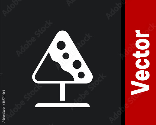 White Road sign avalanches icon isolated on black background. Snowslide or snowslip rapid flow of snow down a sloping surface. Vector.