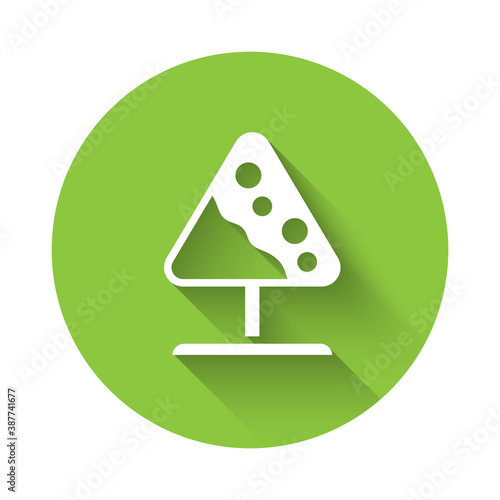 White Road sign avalanches icon isolated with long shadow. Snowslide or snowslip rapid flow of snow down a sloping surface. Green circle button. Vector.