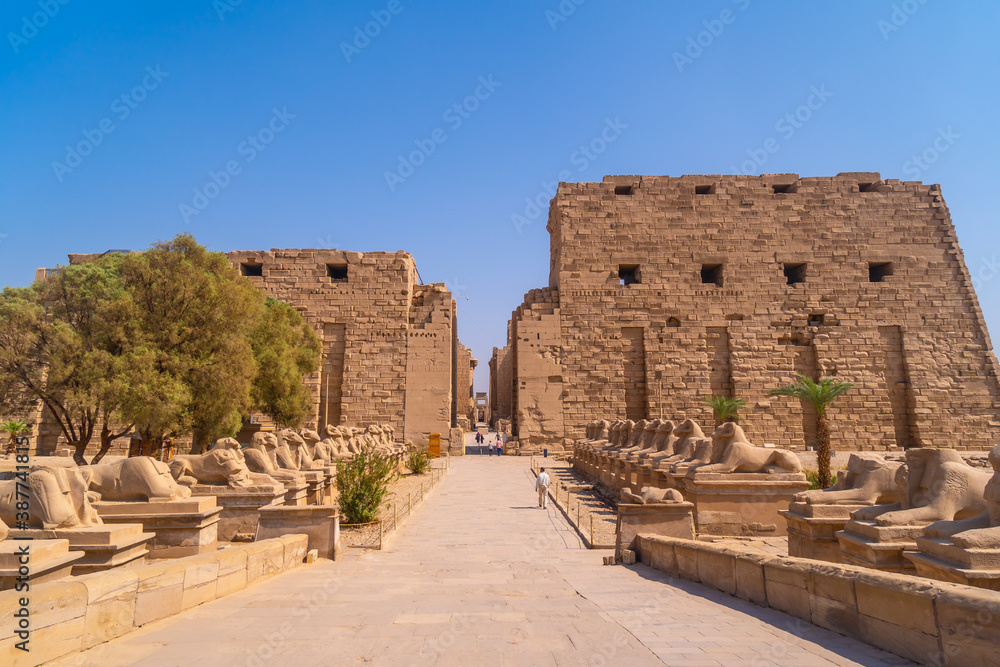 Entrance to the Karnak temple with its beautiful corridor of ram sculptures, the great sanctuary of Amun. Egypt
