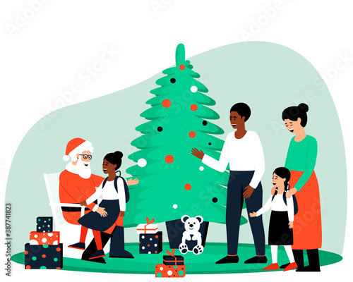 Dad and daughter of African Americans came to visit Santa Claus. The girl is sitting in Santa's arms. Mom and daughter are waiting for their turn. Flat vector illustration.