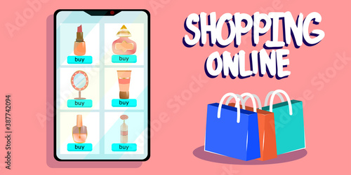 Shopping online, phone with a selection of cosmetics, near shopping packages and a test. The concept of online shopping. Vector illustration in flat style..