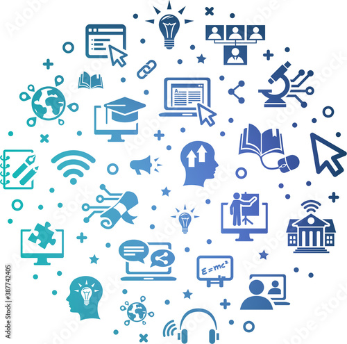 Online learning or e-learning vector illustration. Concept related to computer-based training, digital university course, remote lesson, webinar, streaming college class, teaching via internet.