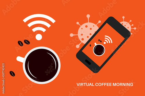 Virtual coffee morning vector sign, can be used for a poster or social media post with editable text