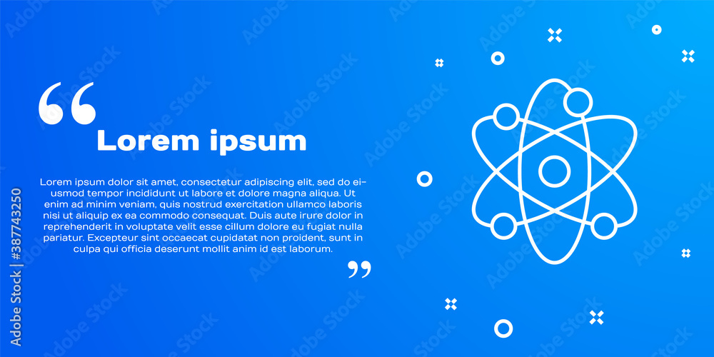 White line Atom icon isolated on blue background. Symbol of science, education, nuclear physics, scientific research. Vector.